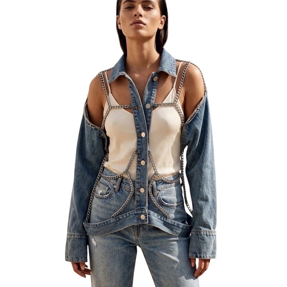 Peekskill Womens Denim Harness Chain Cage Jacket Medium Wash Size M Grunge Edgy